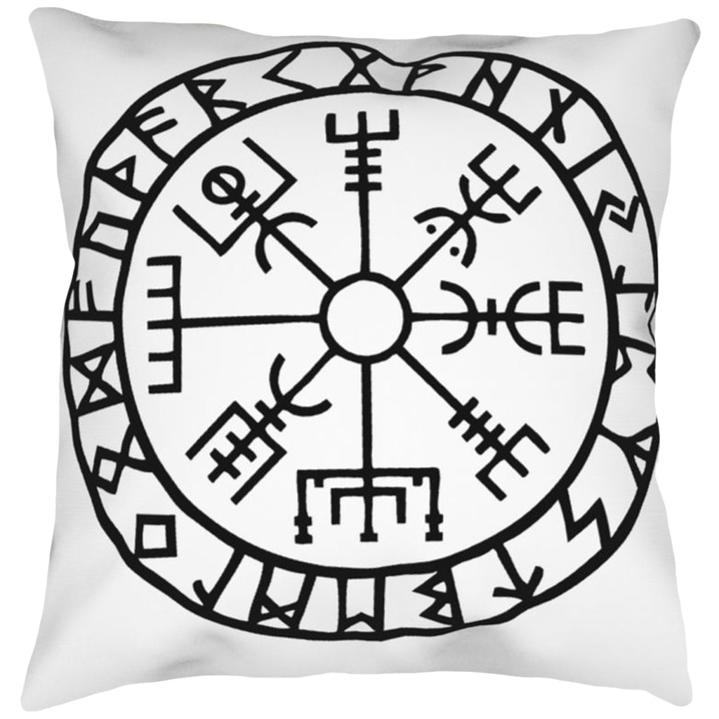 Vit kudde med textiltryck av den isländska rungaldern vegvisir