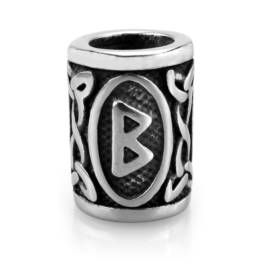 Viking skäggpärla i rostfritt stål graverad med runan Berkanan från den äldre futharken