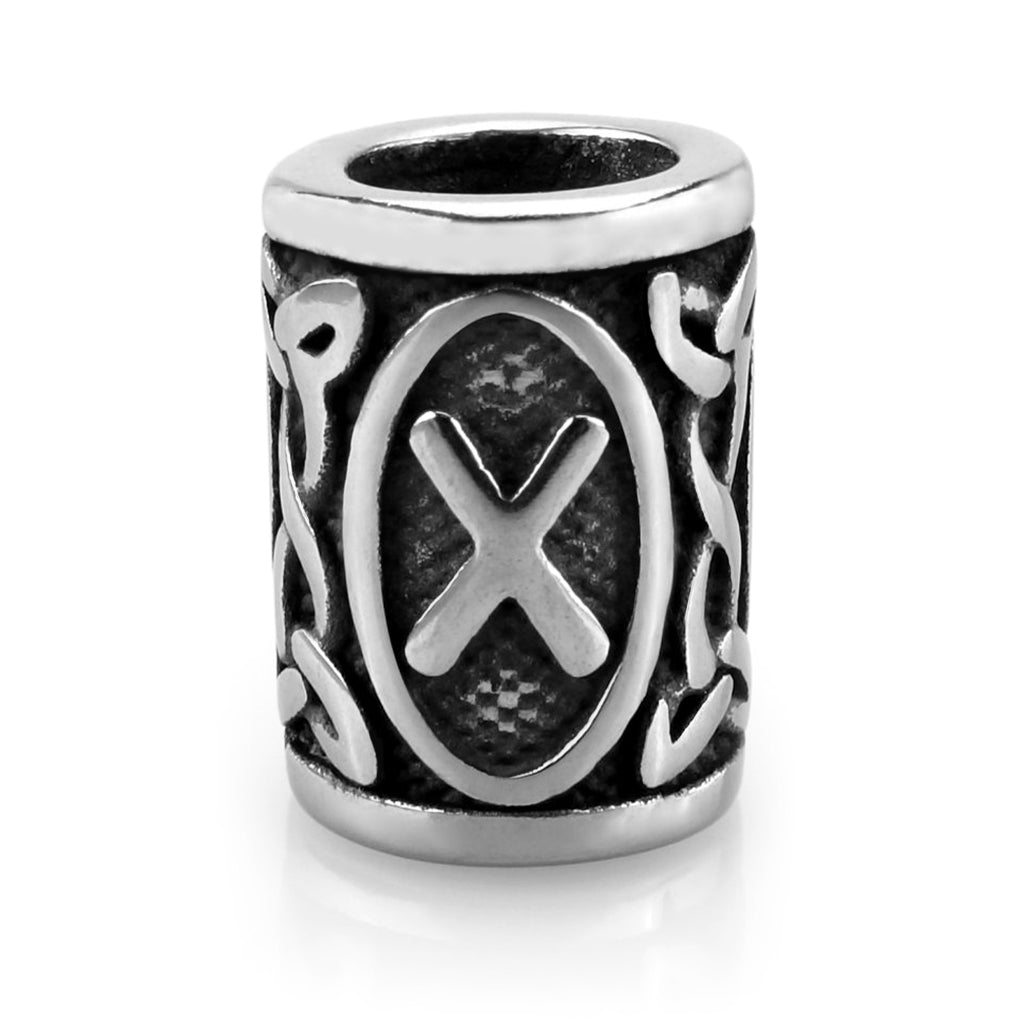 Viking skäggpärla i rostfritt stål graverad med runan Gebo från den äldre futharken