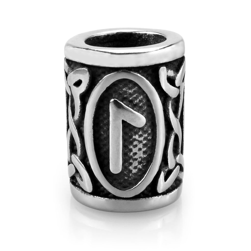 Viking skäggpärla i rostfritt stål graverad med runan Laguz från den äldre futharken