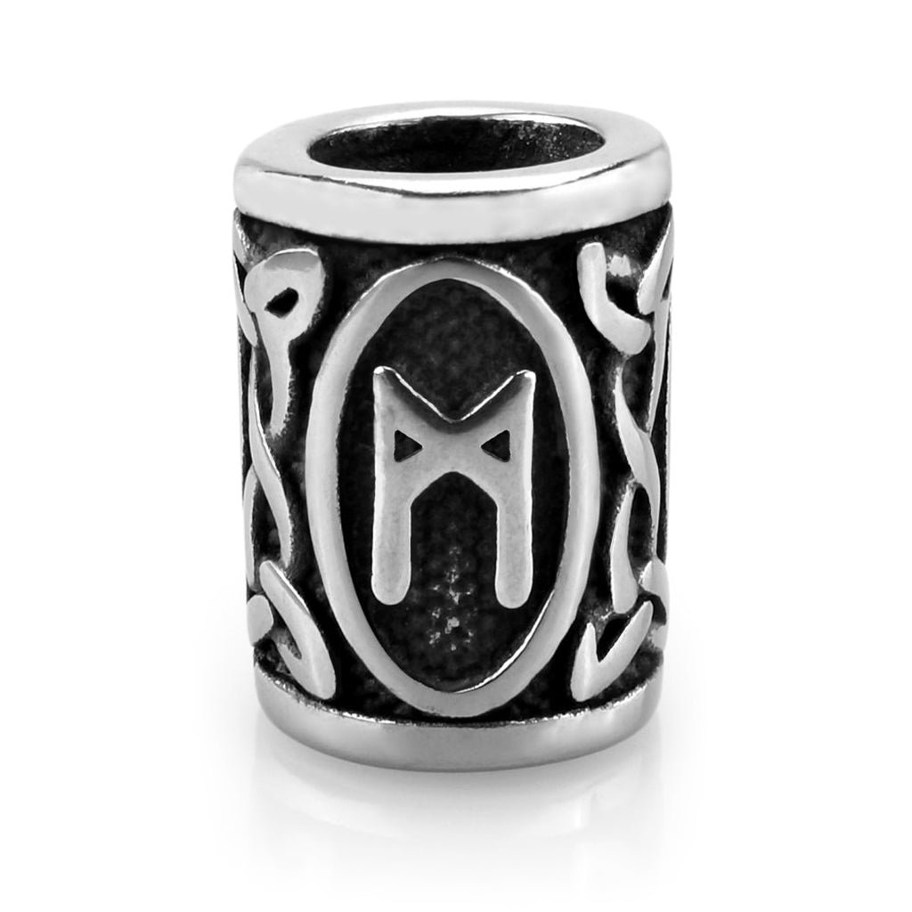 Viking skäggpärla i rostfritt stål graverad med runan Mannaz från den äldre futharken