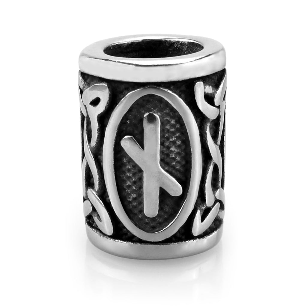 Viking skäggpärla i rostfritt stål graverad med runan Naudiz från den äldre futharken