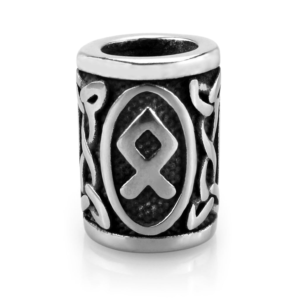 Viking skäggpärla i rostfritt stål graverad med runan Othala från den äldre futharken