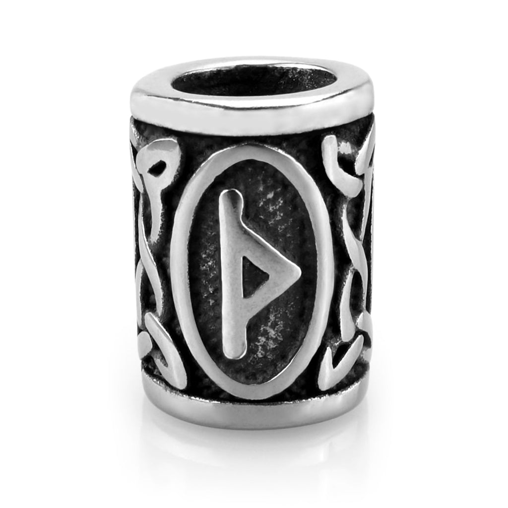 Viking skäggpärla i rostfritt stål graverad med runan Thurisaz från den äldre futharken