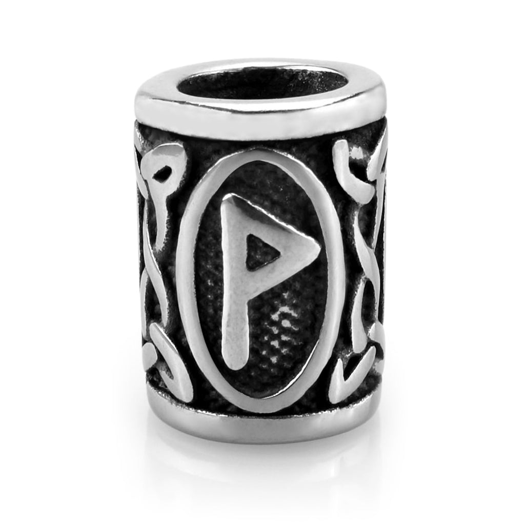 Viking skäggpärla i rostfritt stål graverad med runan Wunjo från den äldre futharken