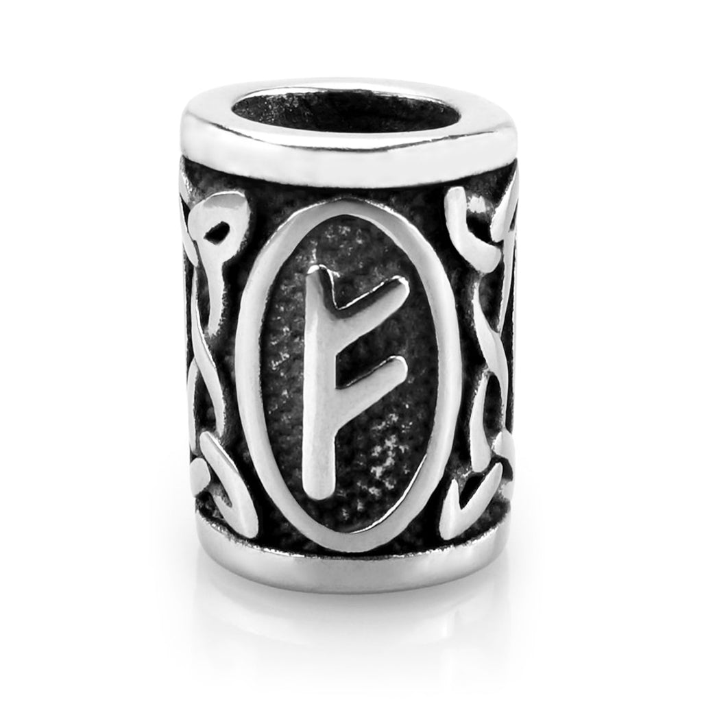 Viking skäggsmycke i äkta silver graverat med Fehu-runan från den äldre runraden