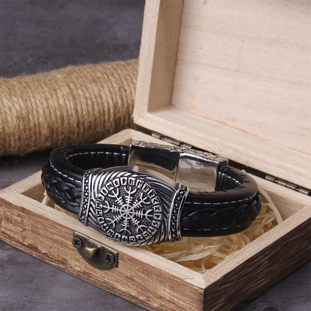 Svart vikinga armband i skinn för herr