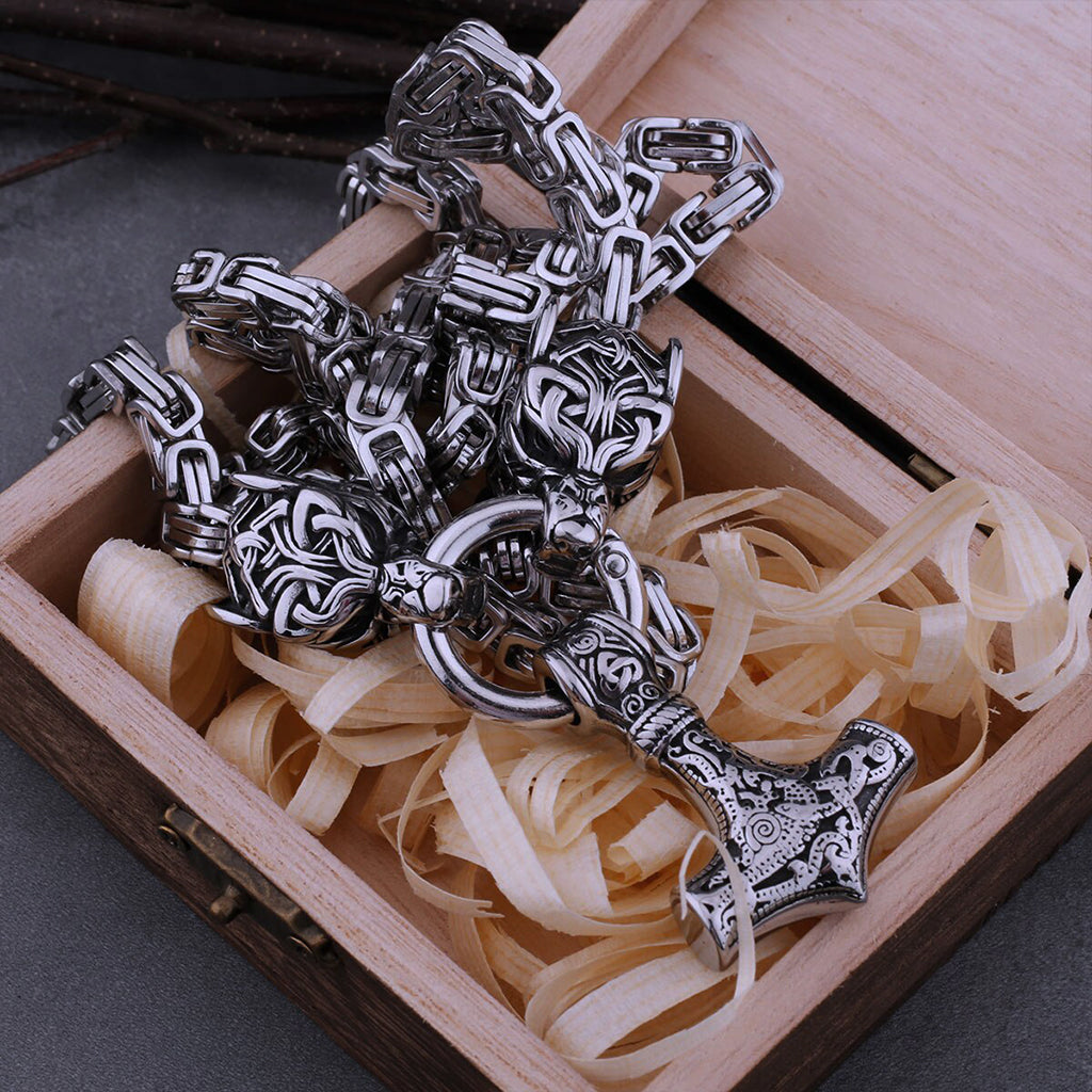 Silverfärgat hammarhalsband med varg-halskedja