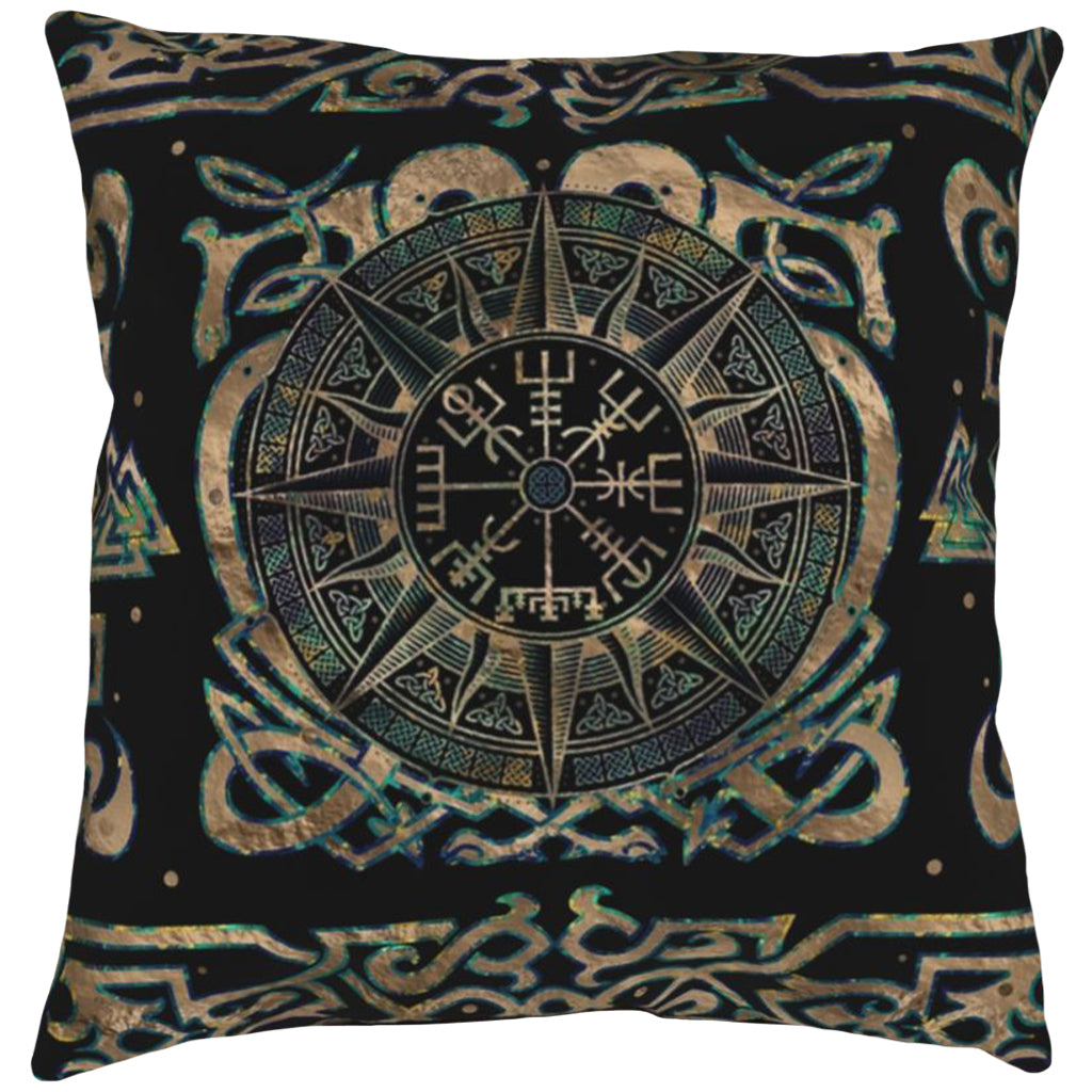 Vikingatida kuddfodral med textiltryck av symbolen vegvisir