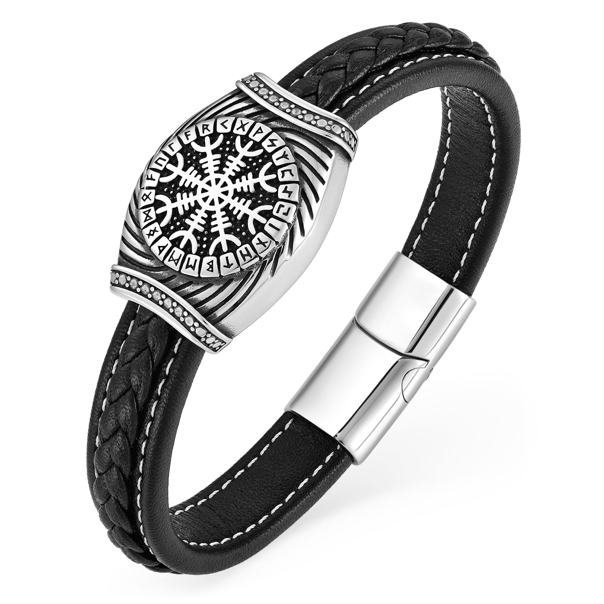 Armband i svart läder med rungaldern aegishjalmur ristad på stålsmycke