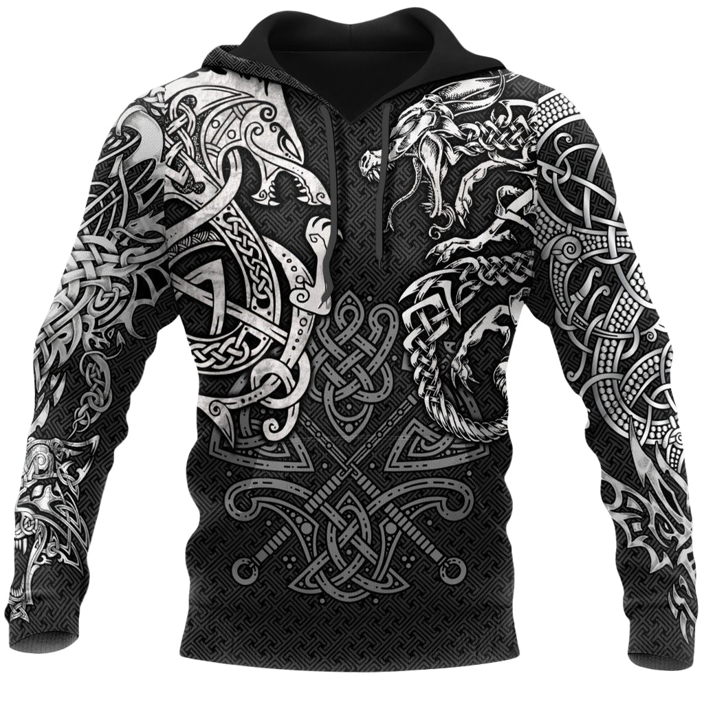 Svart hoodie med mönster av ulv och drake