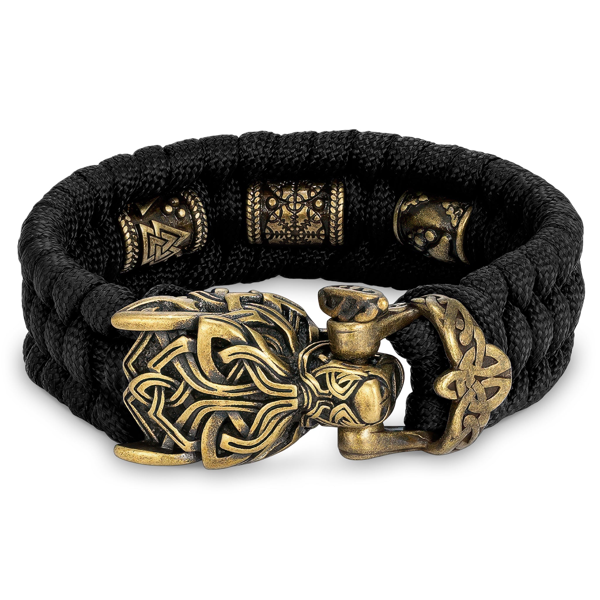 Svart paracord armband med en mässingsfärgad varg som låsanordning