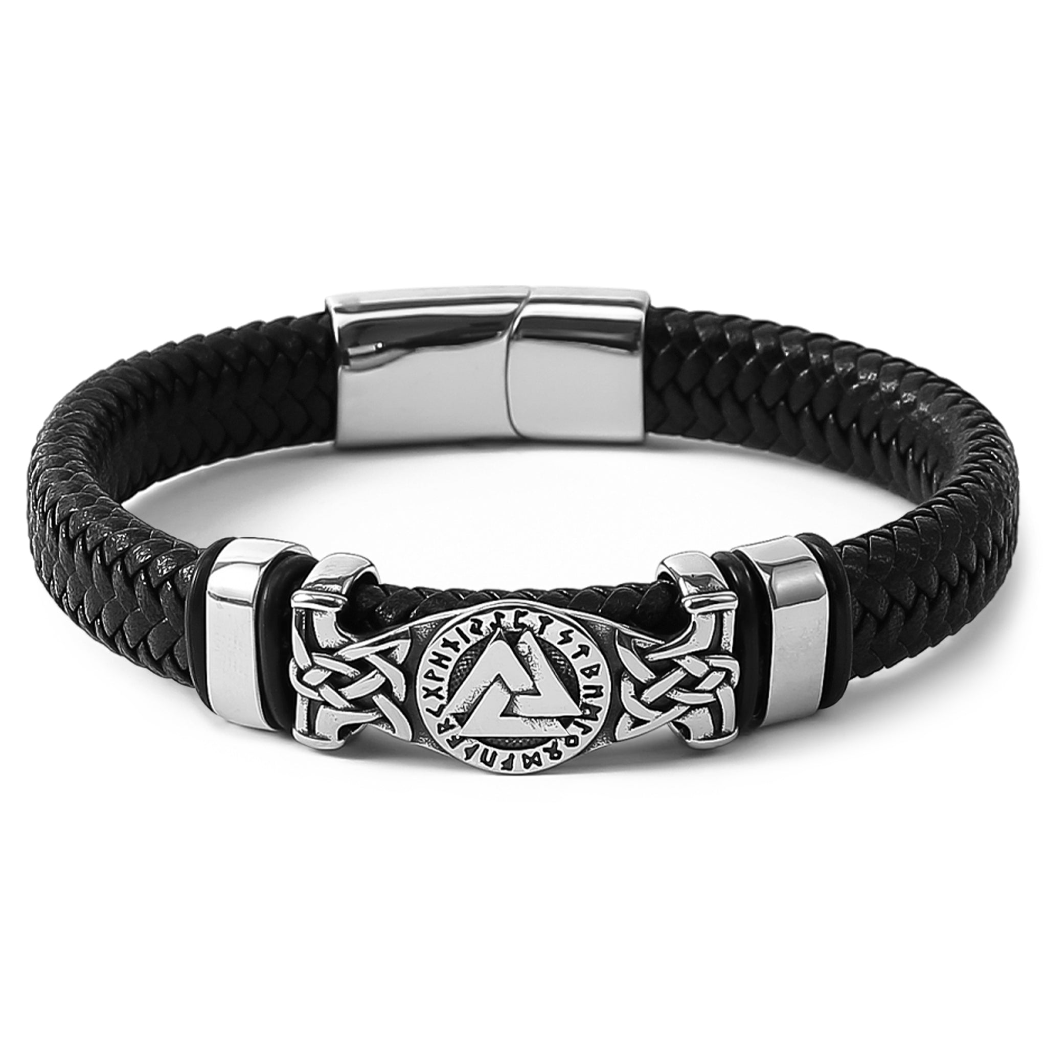Flätat svart läderarmband med valknut och runor