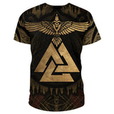 T-shirt med textiltryck föreställande viking symbolen valknut
