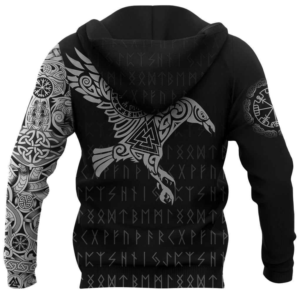 Svartfärgad hoodie med heltäckande textiltryck avbildande runskrift och vikingasymboler