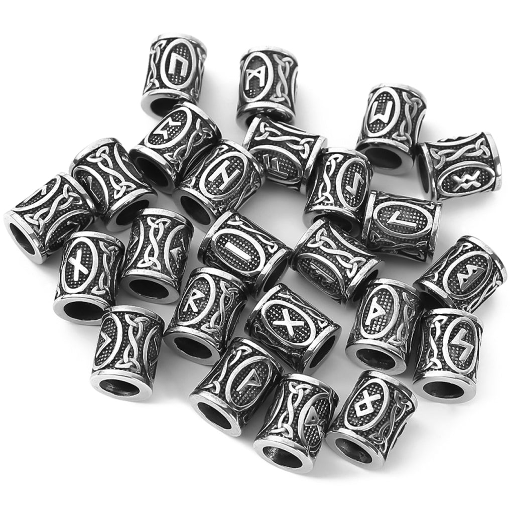 Viking skäggpärlor i stål smyckade med runor från den äldre runraden