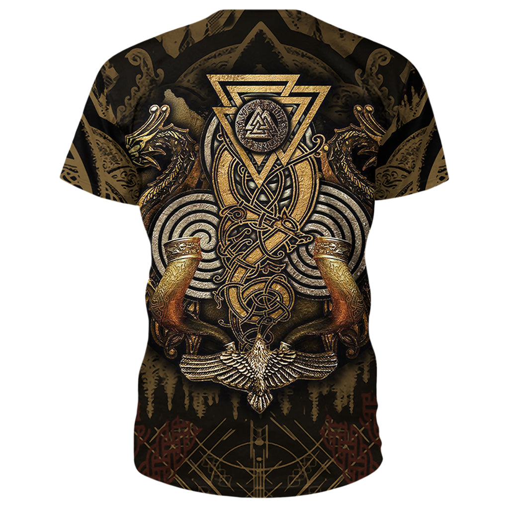 Viking T-shirt med guldfärgat textiltryck avbildande valknut och korp