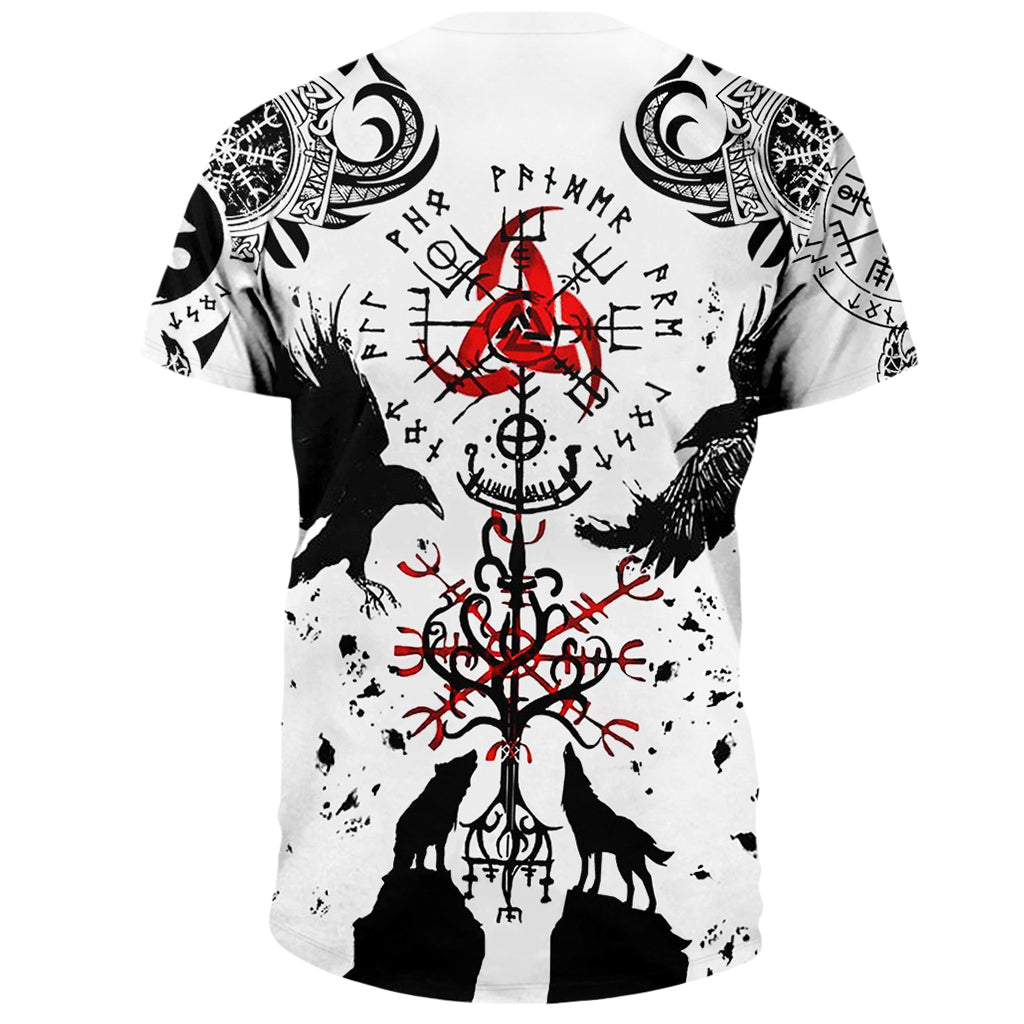 Vit T-shirt för herr med vikingatryck (Odens knop, viking kompass, vargar, korpar och runor)