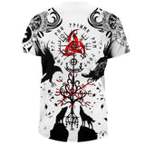 Vit T-shirt för herr med vikingatryck (Odens knop, viking kompass, vargar, korpar och runor)