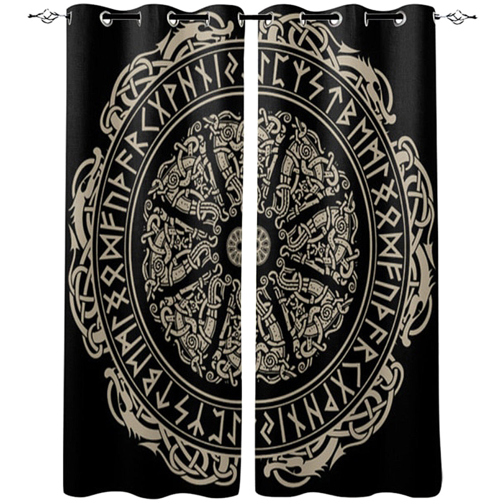 Svarta gardiner i polyester med cirkulärt mönster av guldfärgade runor