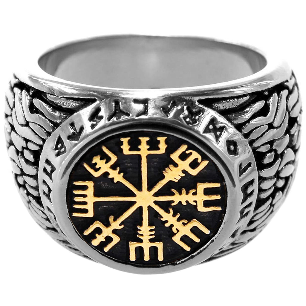 Guldfärgad ring i stål med vikingakompassen framtill