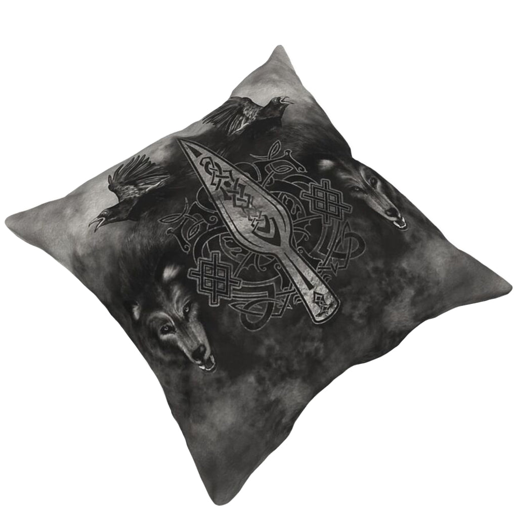 Mörk soffkudde i polyester med vikingatida djurmotiv