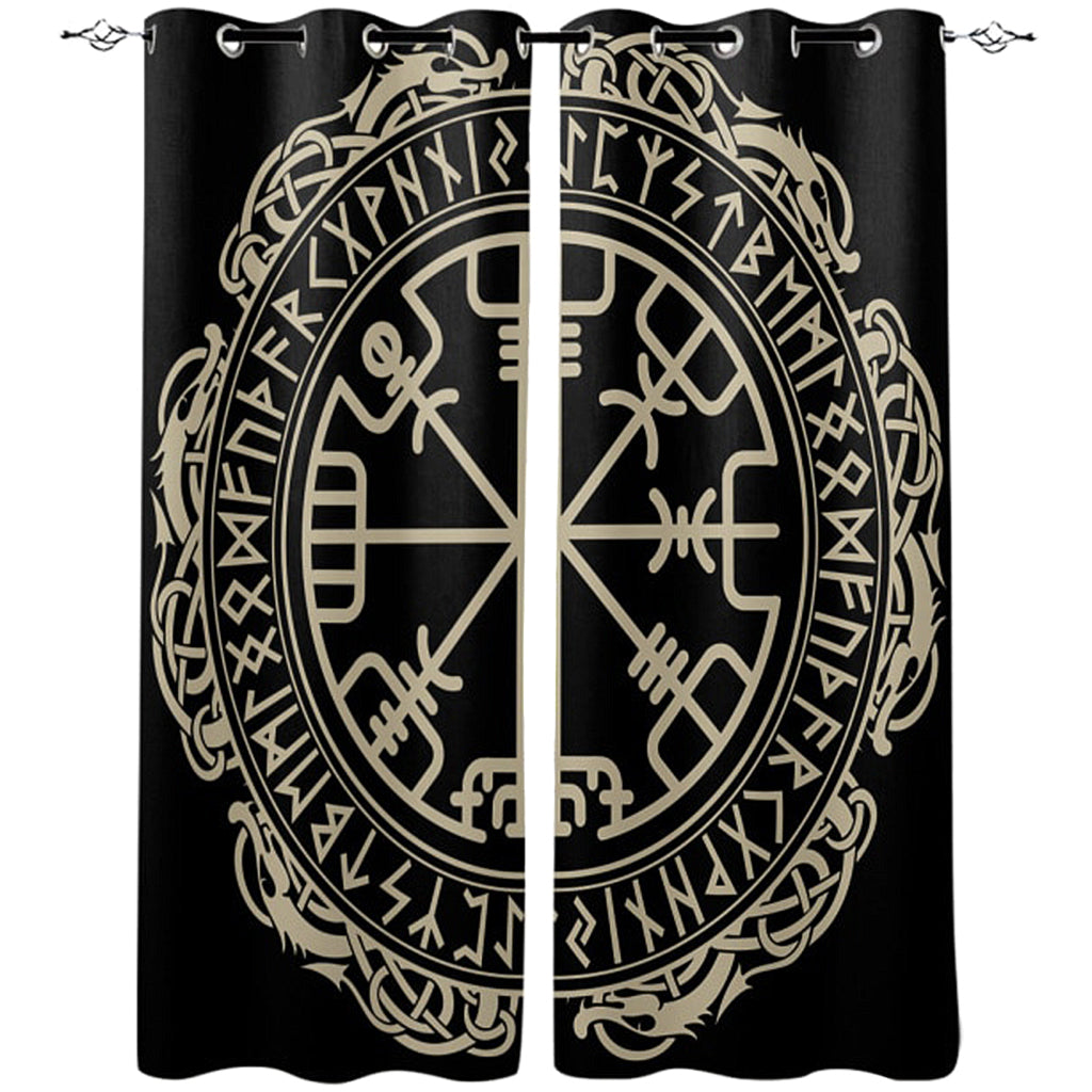 Svarta gardiner med cirkelformat mönster av den isländska rungaldern vegvisir med runor runtom
