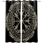 Svarta gardiner med cirkelformat mönster av den isländska rungaldern vegvisir med runor runtom