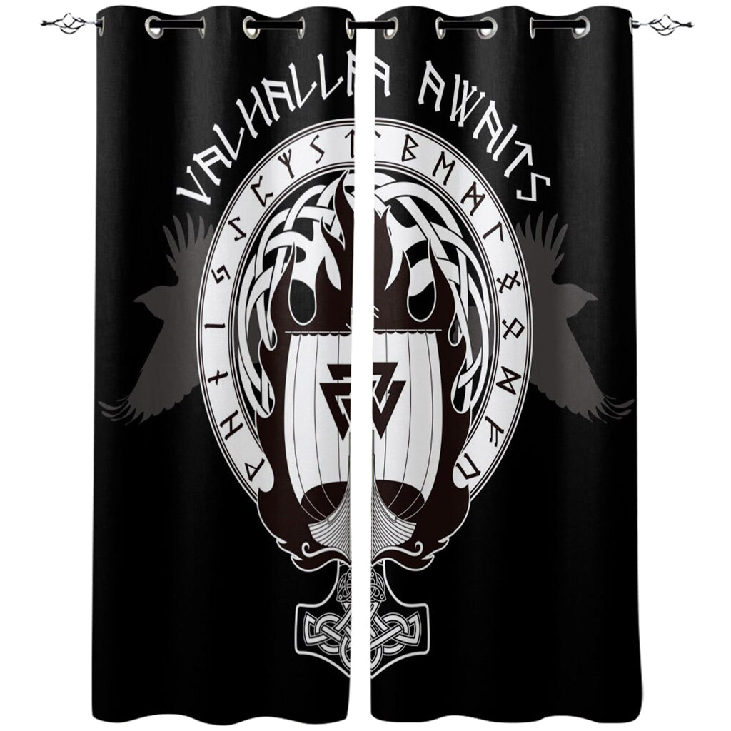 Svarta viking gardiner med motiv av valknut och flera kända vikingasymboler