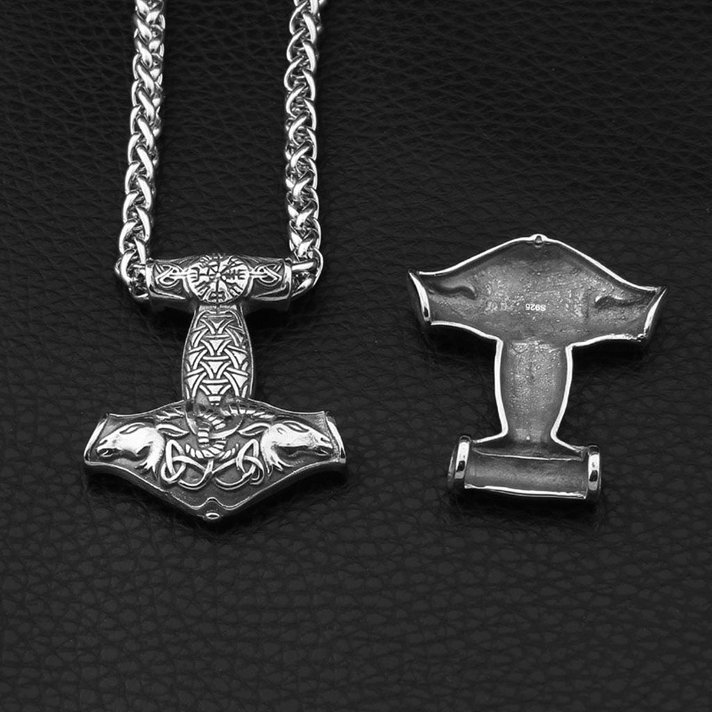 Smyckesset med Torshammare i silver, svart läderrem och halskedja i stål